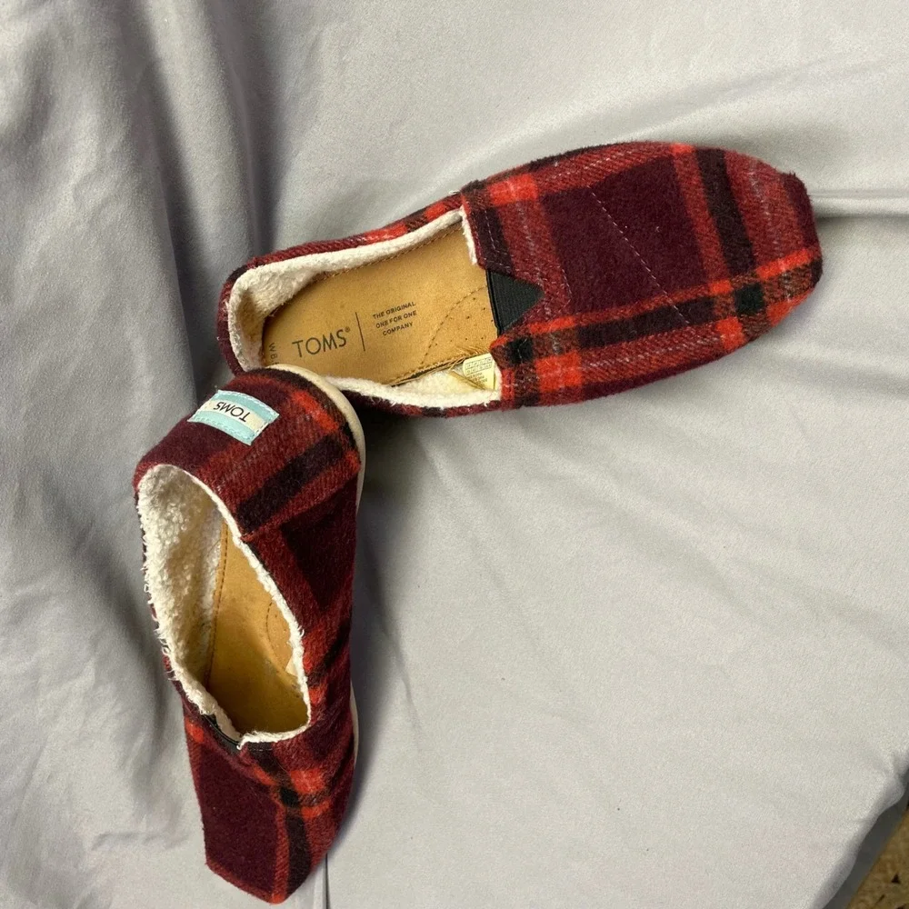 TOMS Womens Alpargata Red Plaid‎ Wool Faux Shearling Lined Slip On Shoes 8.5